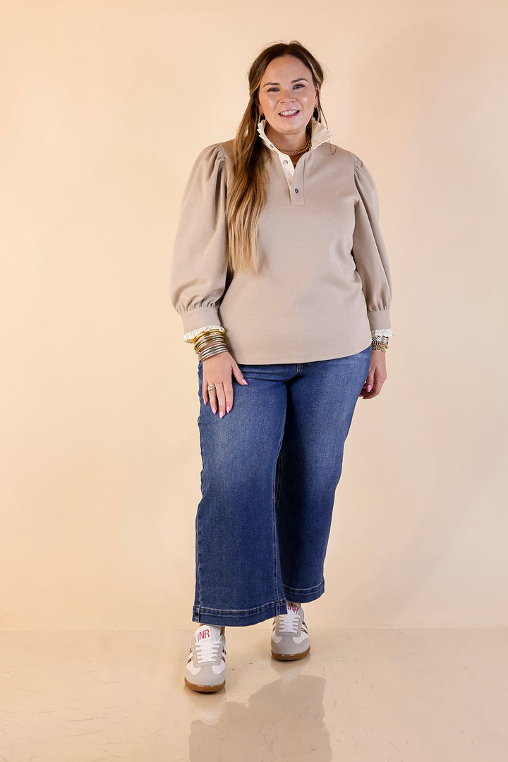Refined Edge Puff 3/4 Sleeve Top with Collar Detailing in Sand