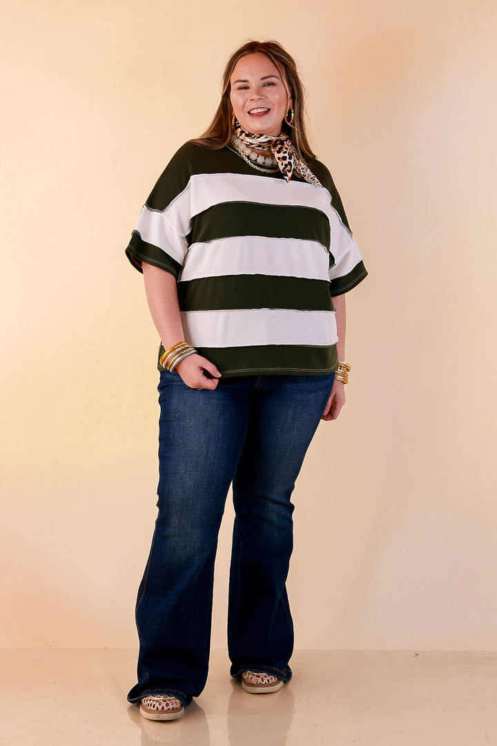 Simply Styled Color Block Rugby Style Relaxed Short Sleeve Top in Olive Green