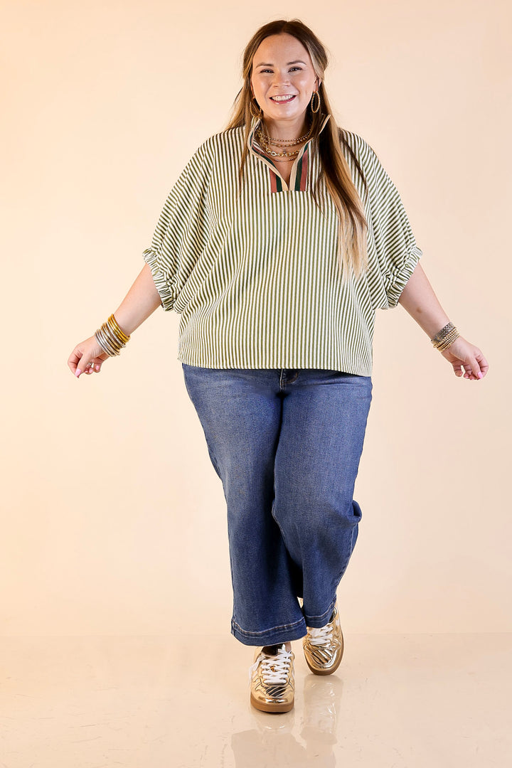 Naturally Stylish Striped Poncho Top in Olive Green