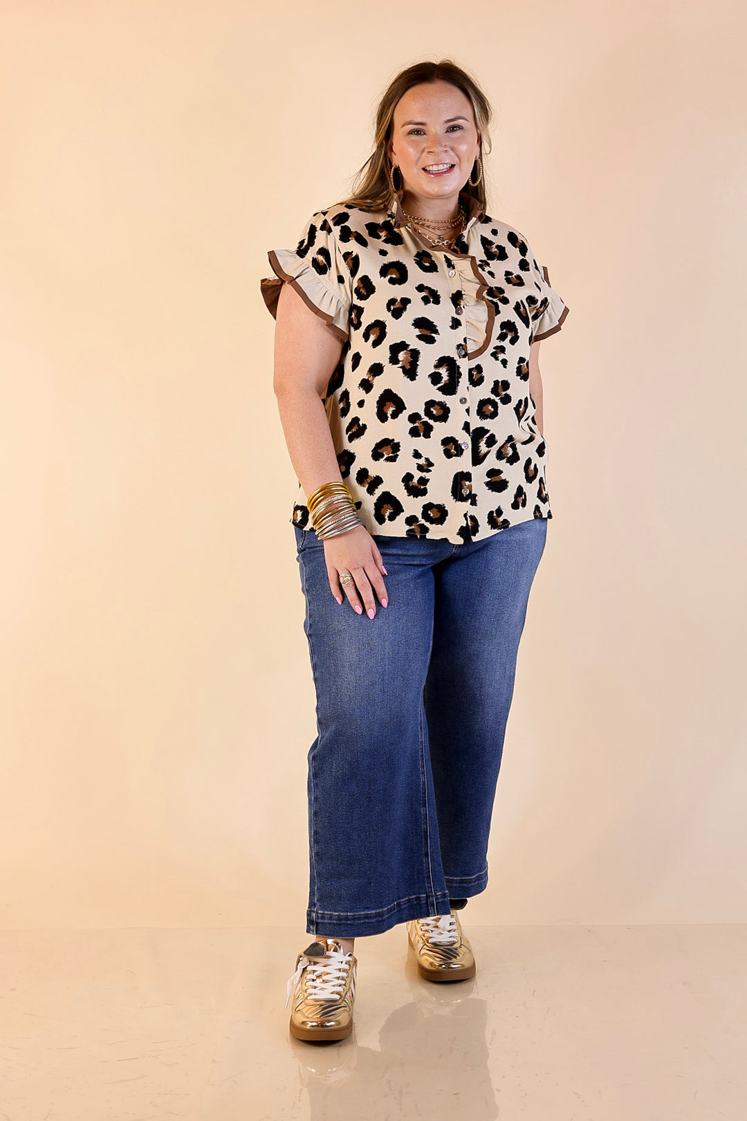 Natural Charm Leopard Print Button Up Ruffle Sleeve Top in Taupe