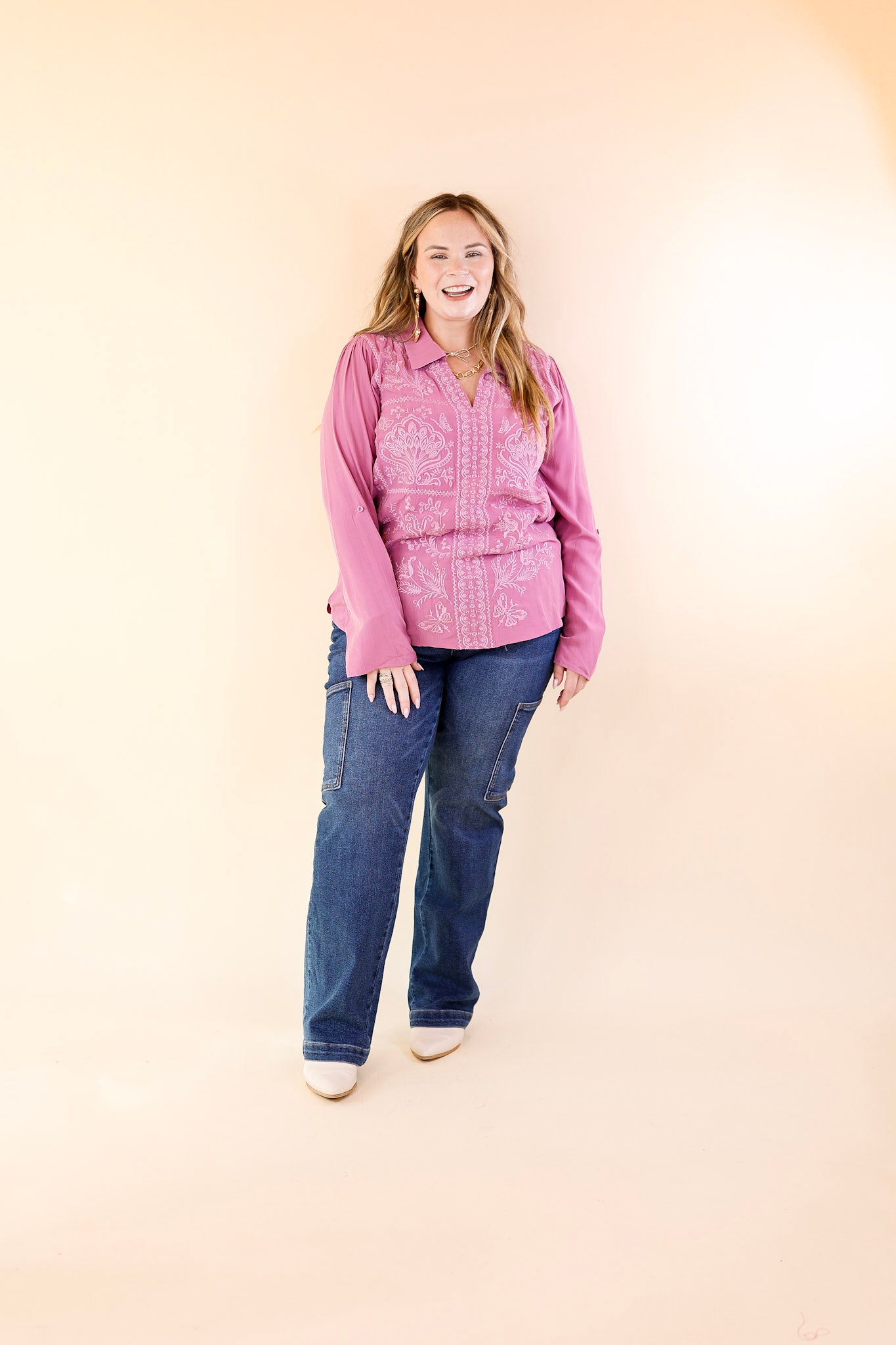 Sunny Garden Embroidered 3/4 Sleeve Top with Collared Neckline in Purple