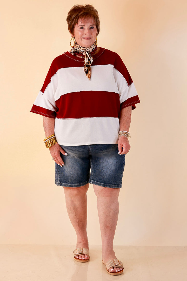 Simply Striking Color Block Rugby Style Wide Stripe Relaxed Short Sleeve Top in Maroon