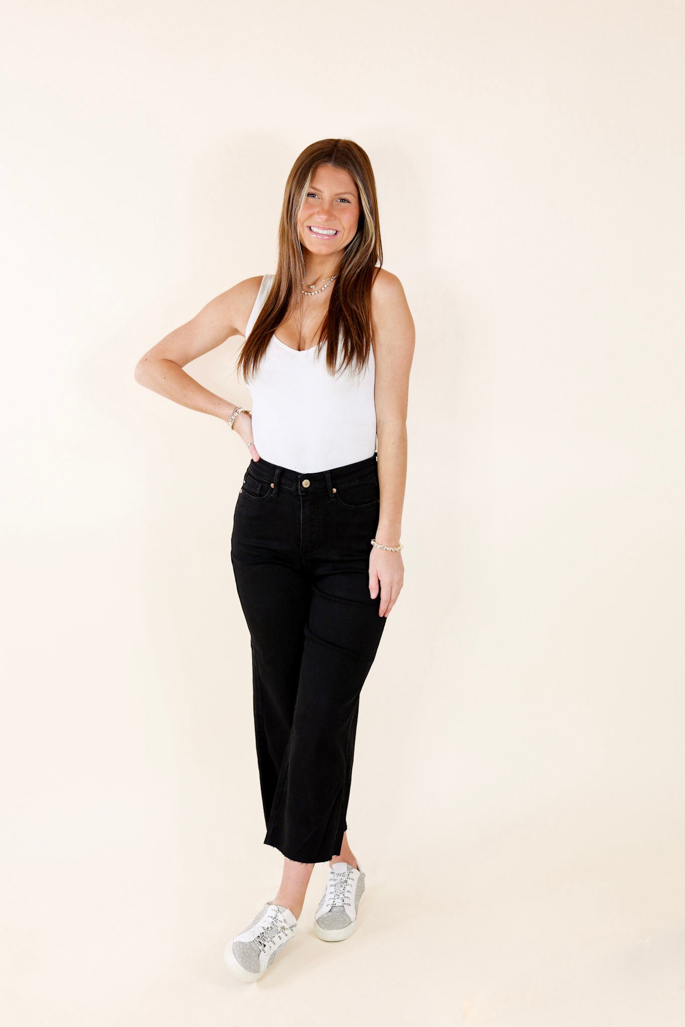 Judy Blue | Modern Muse Tummy Control Cropped Wide Leg Jeans with Raw Hem in Black - Giddy Up Glamour Boutique