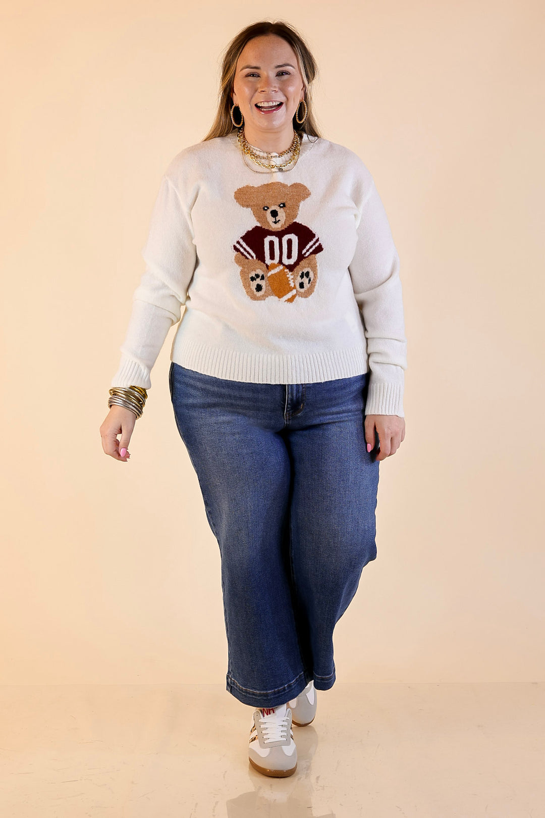 Simply Southern | Finest Touch Crewneck Sweater with Football Teddy Bear Graphic in Cream