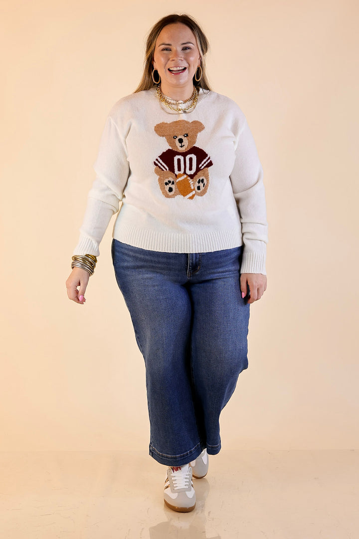 Simply Southern | Finest Touch Crewneck Sweater with Football Teddy Bear Graphic in Cream