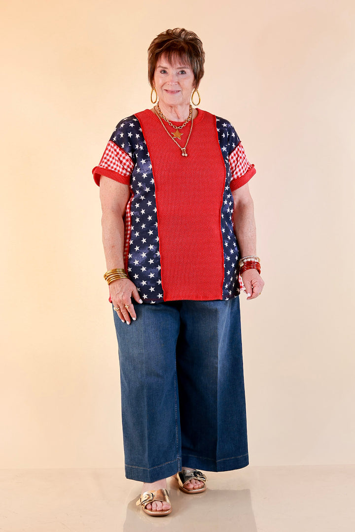 Make Your Mark Ribbed Scoop Neck Mixed Print Short Sleeve Top with Star and Gingham Detailing in Red