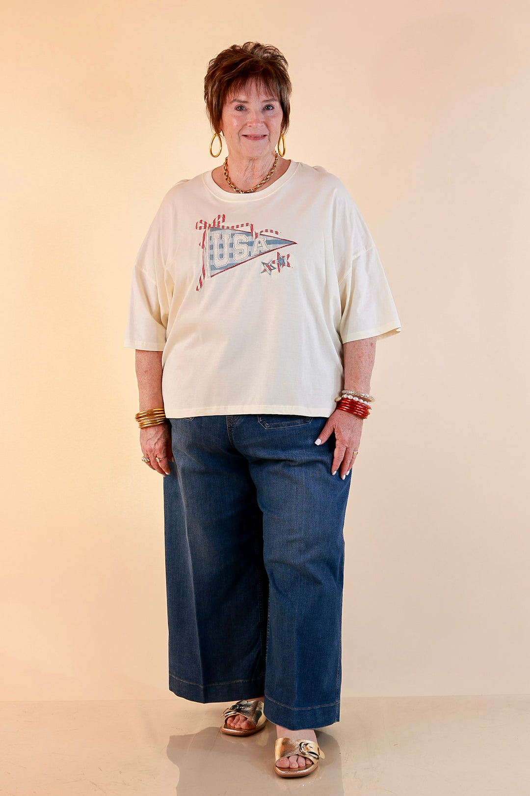 Simply Southern | American It Girl Short Sleeve Graphic Tee with USA Pennant Applique in Beige