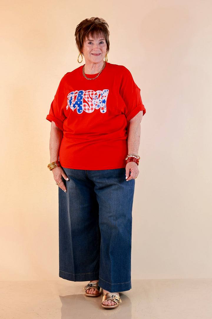 Sweet Land of Style USA Coquette Short Sleeve Graphic Tee with Bow Detailing in Red