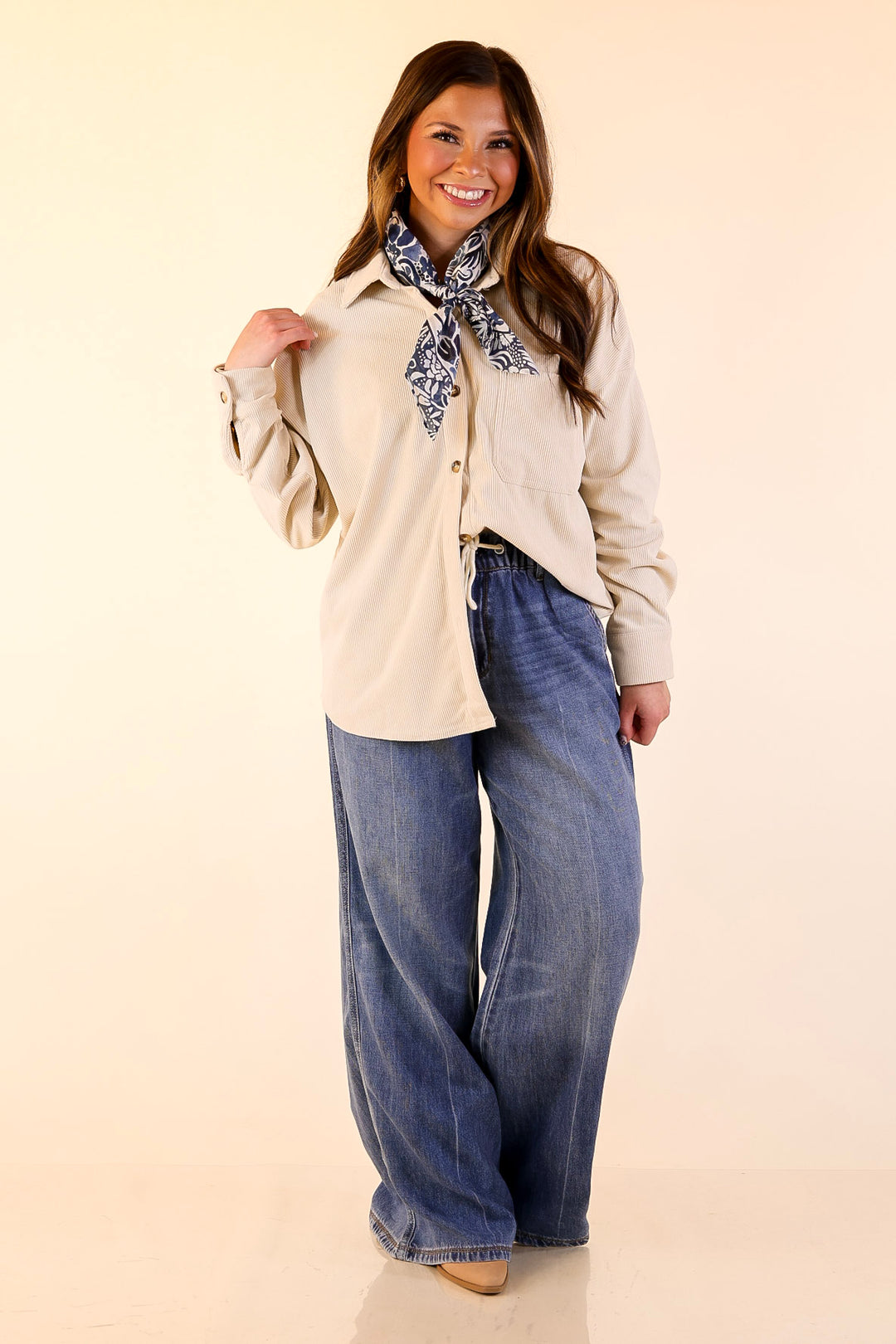 Captivating Cuteness Corduroy Button Up Shacket in Cream