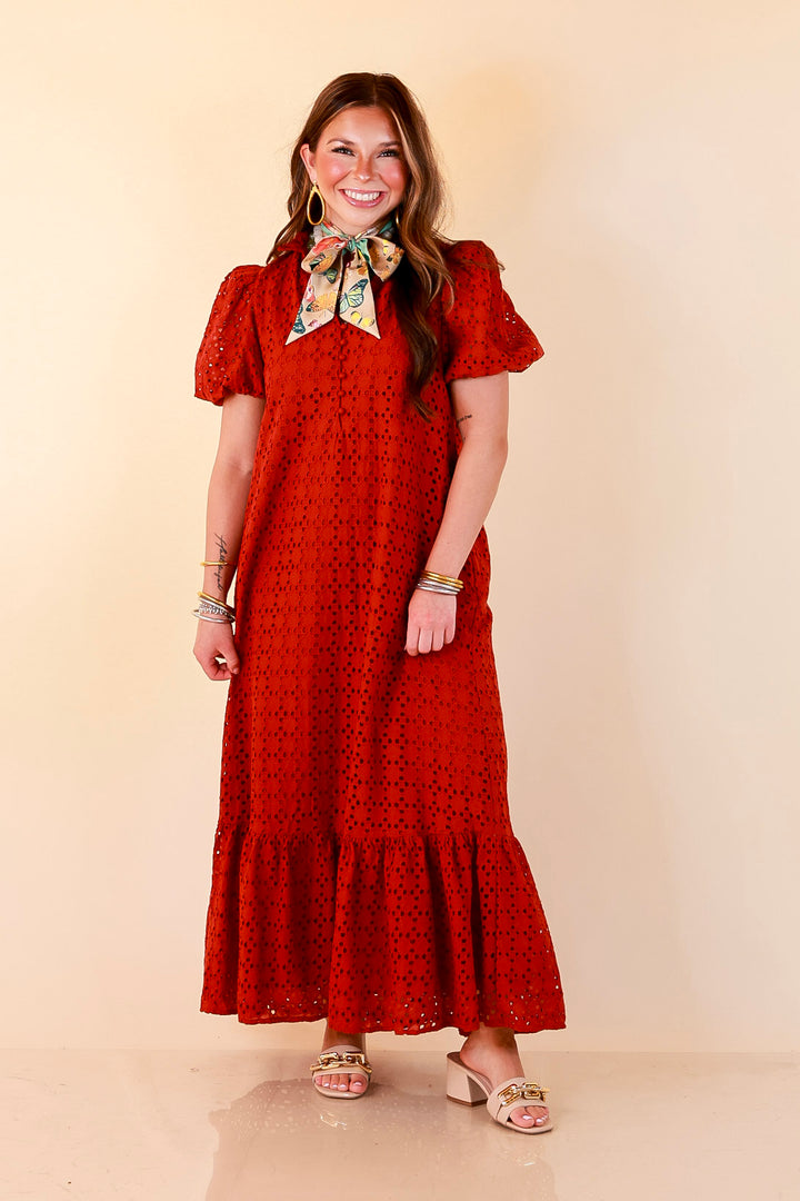 Meet Me at Sunset Eyelet Lace Puff Sleeve Tiered Maxi Dress in Rust Red