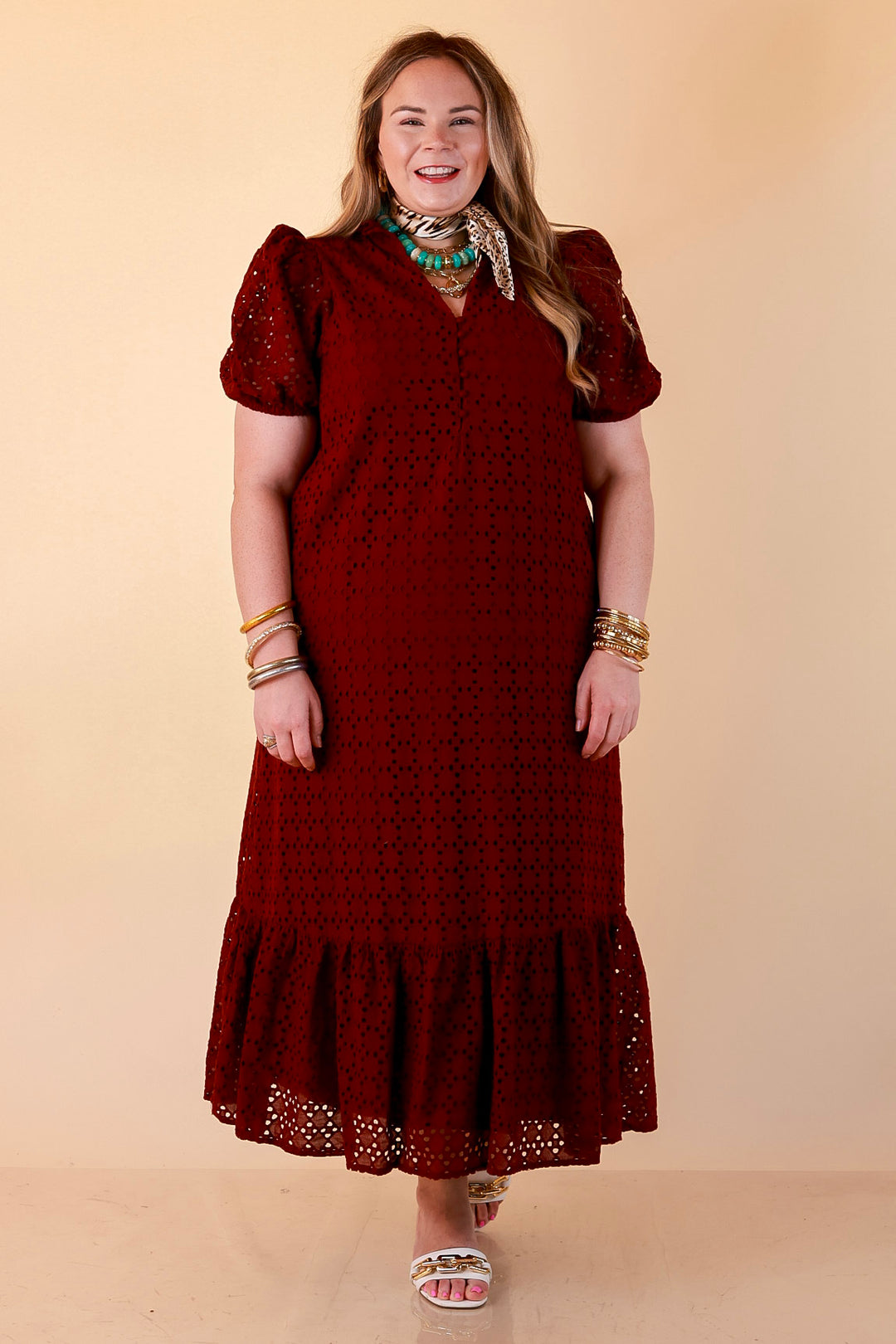 Meet Me at Sunset Eyelet Lace Puff Sleeve Tiered Maxi Dress in Maroon