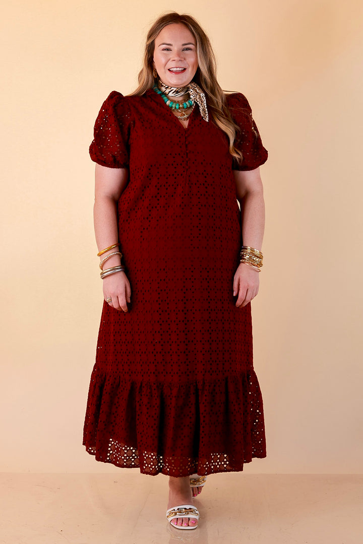 Meet Me at Sunset Eyelet Lace Puff Sleeve Tiered Maxi Dress in Maroon