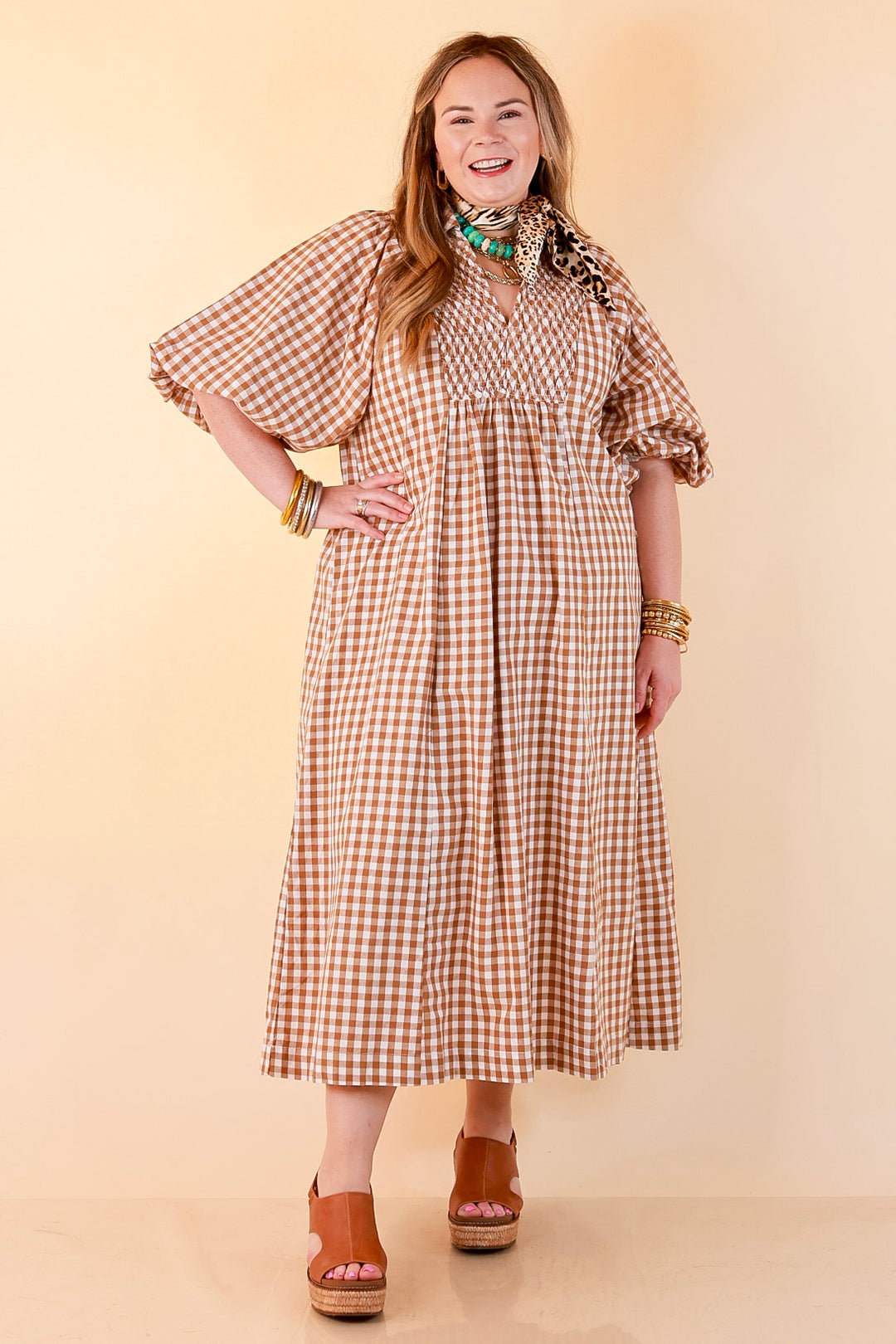 All Eyes on You Smocked Yoke Puff Sleeve Gingham Print Maxi Dress in Camel Brown and Ivory