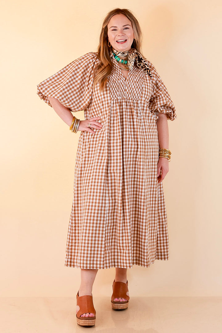All Eyes on You Smocked Yoke Puff Sleeve Gingham Print Maxi Dress in Camel Brown and Ivory