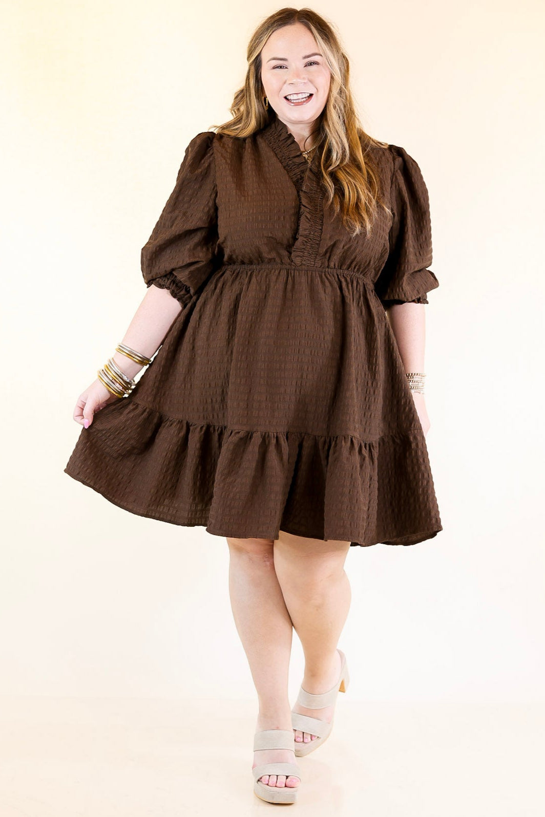 Call Me Captivating Dress with Smocked Waist and Long Sleeves Sleeves in Chocolate Brown