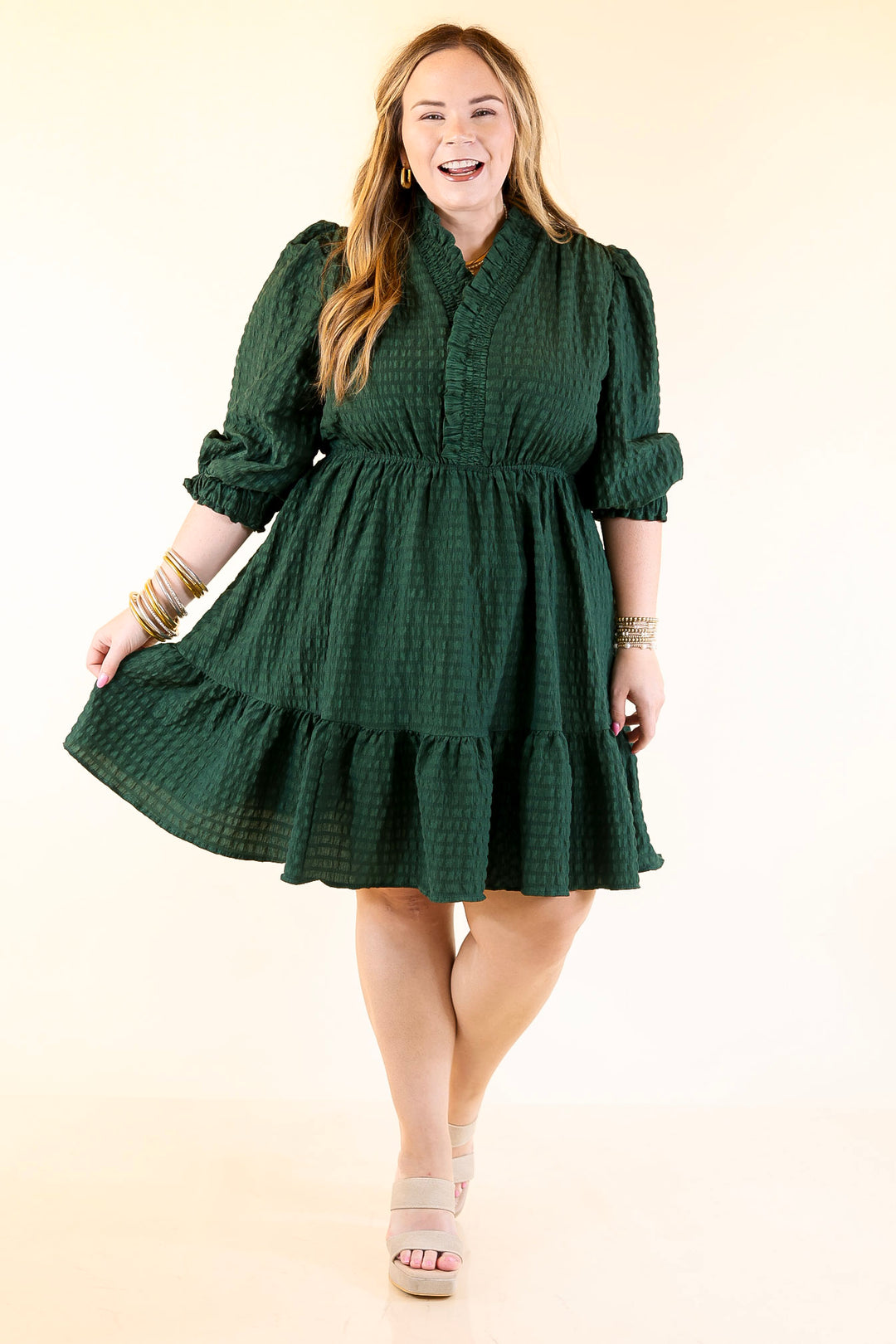 Call Me Captivating Dress with Smocked Waist and Long Sleeves Sleeves in Emerald Green
