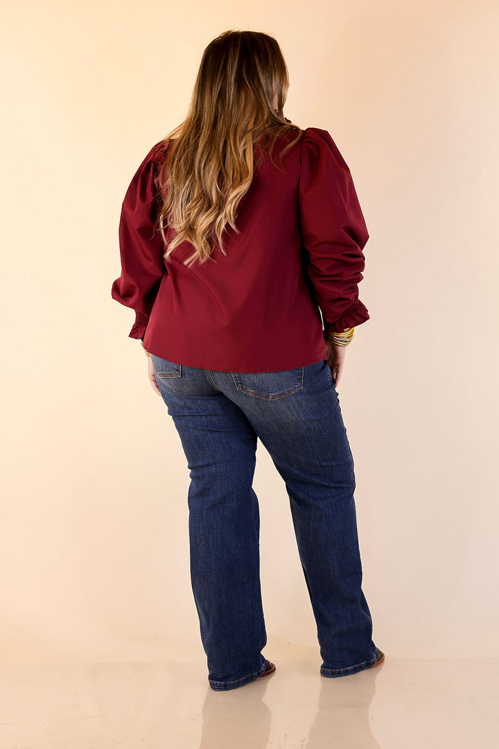 Trimmed in Style Puff Long Sleeve Blouse with Contrast Leopard Trim and Ruffle in Maroon