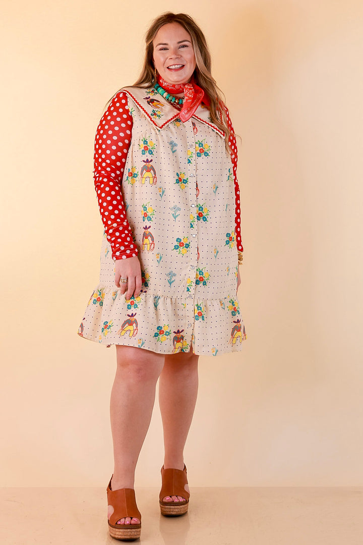 The Showstopper Sleeveless Pearl Snap Cowboy, Floral and Polka Dot Print Ruffle Dress with Sailor Collar and Cowboy Embroidery in Cream