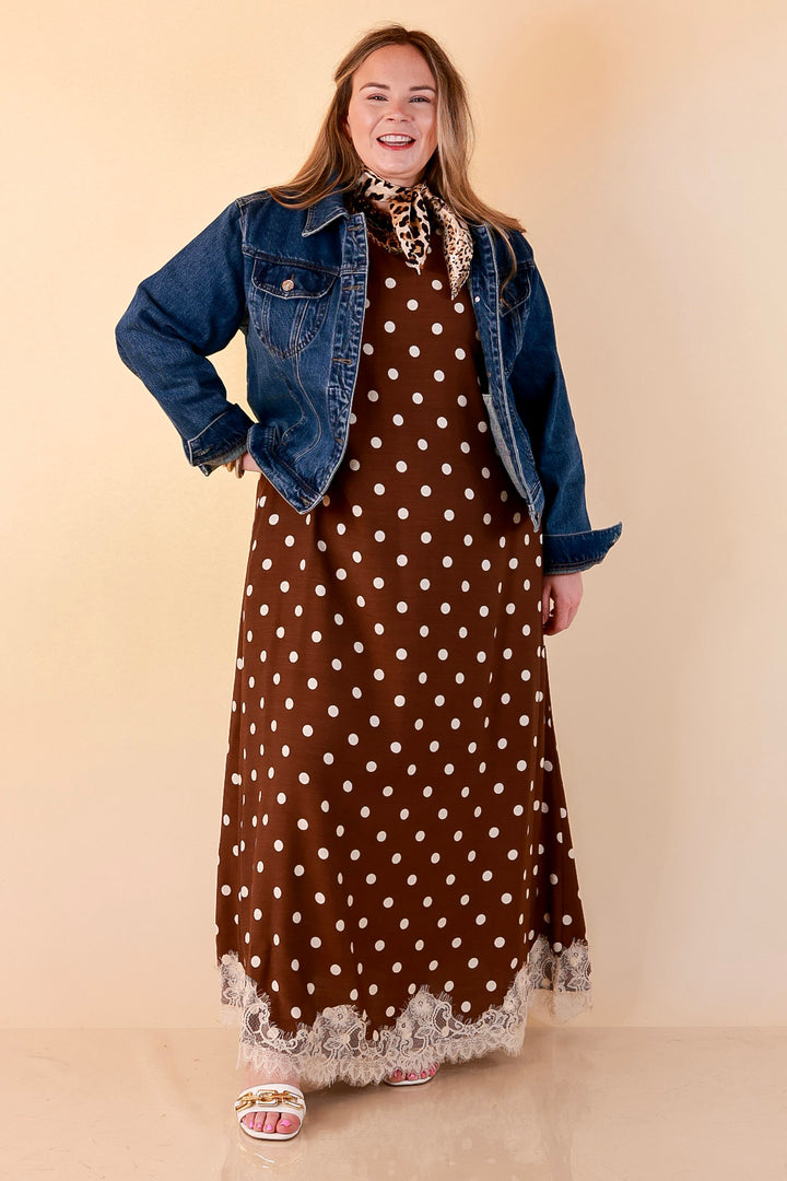 Sweet Little Something Polka Dot Sleeveless Maxi Dress with Lace Trim in Chocolate Brown