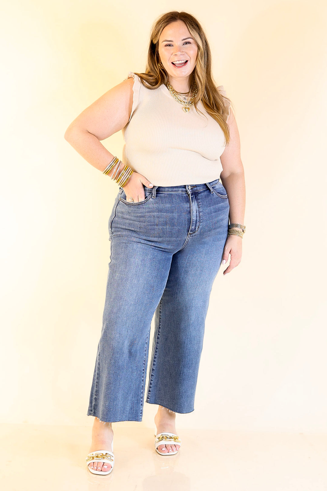 Flirty Frill Scoop Neck Top with Ruffle Sleeves in Ivory