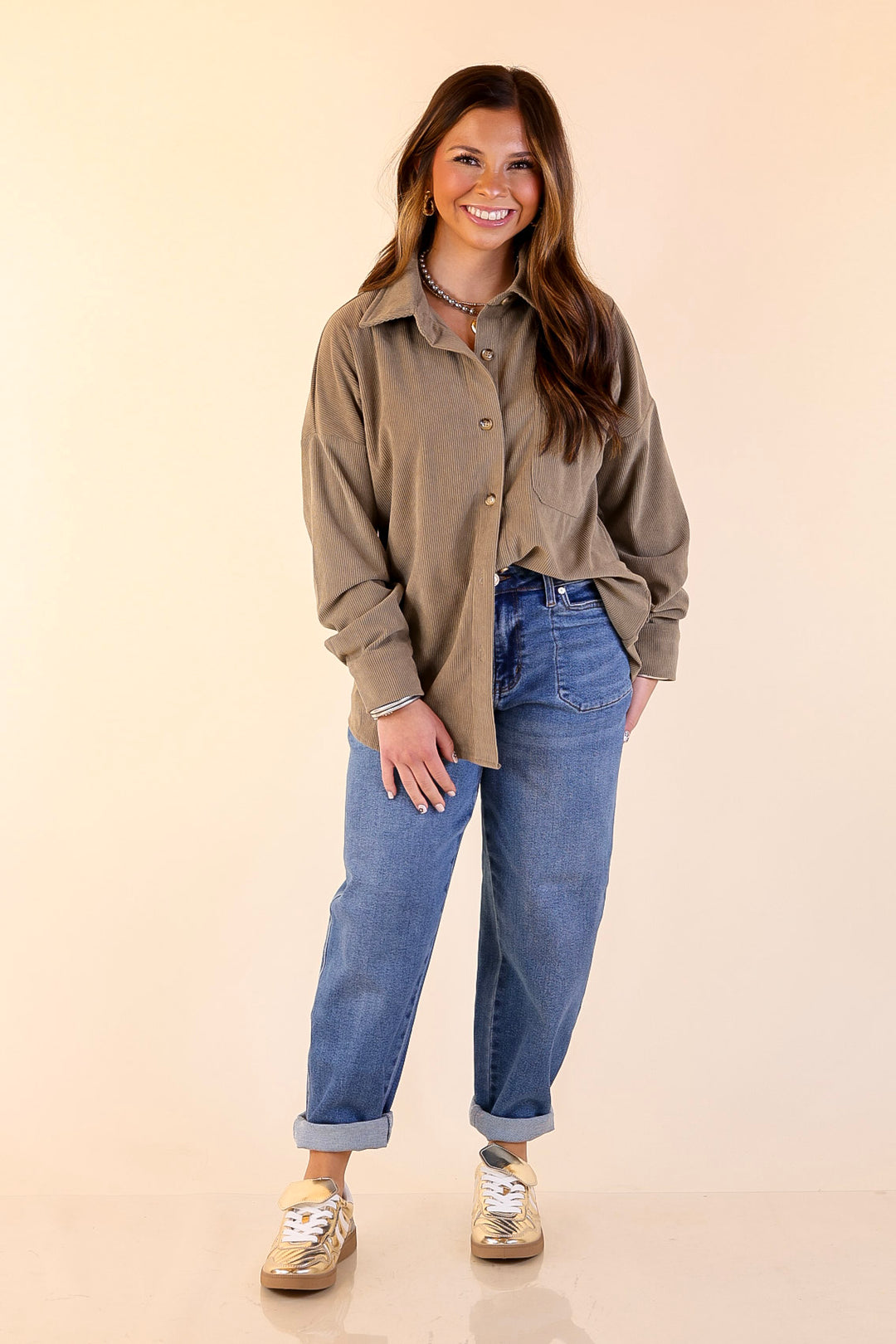 Captivating Cuteness Corduroy Button Up Shacket in Olive Green