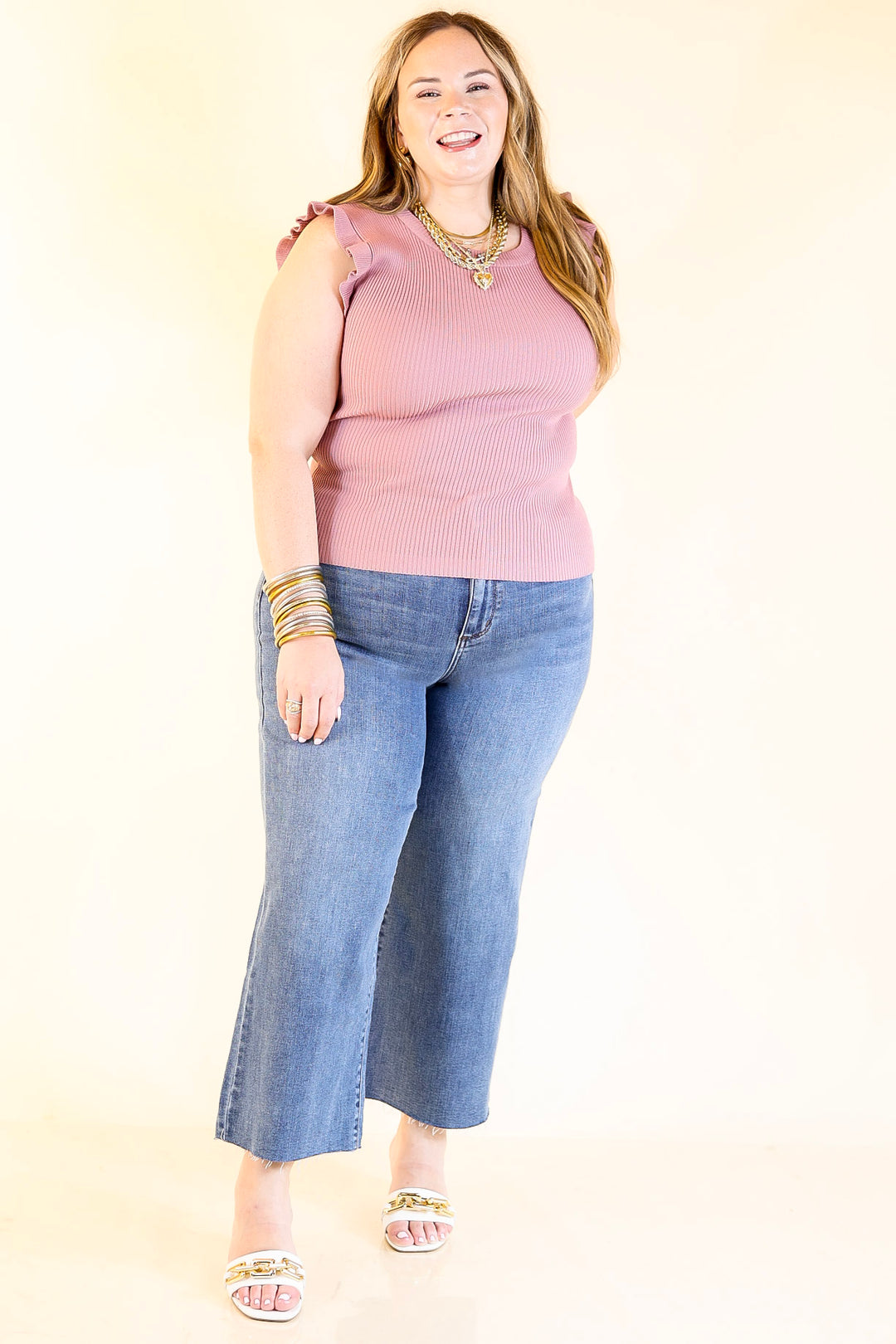 Flirty Frill Scoop Neck Top with Ruffle Sleeves in Mauve Pink