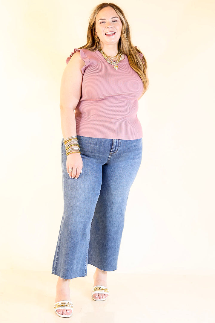 Flirty Frill Scoop Neck Top with Ruffle Sleeves in Mauve Pink