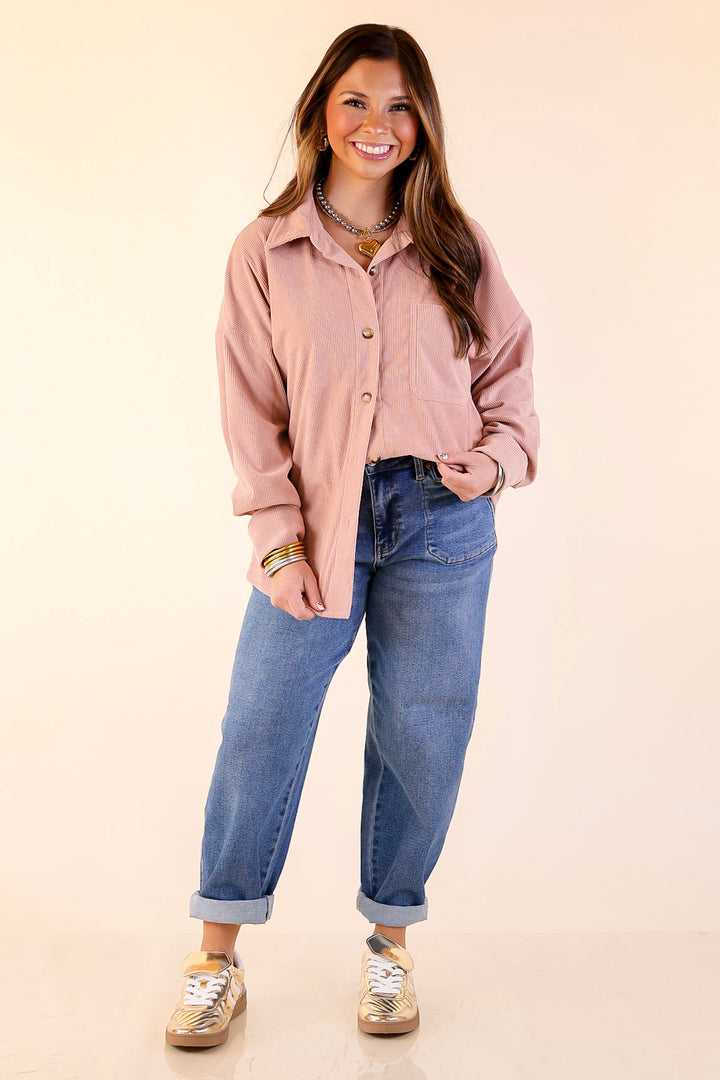 Captivating Cuteness Corduroy Button Up Shacket in Mauve Pink
