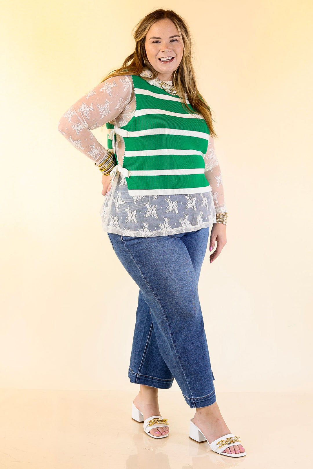 Tied Up in Style Knit Sweater with Side Ties in Kelly Green with Off White Stripes