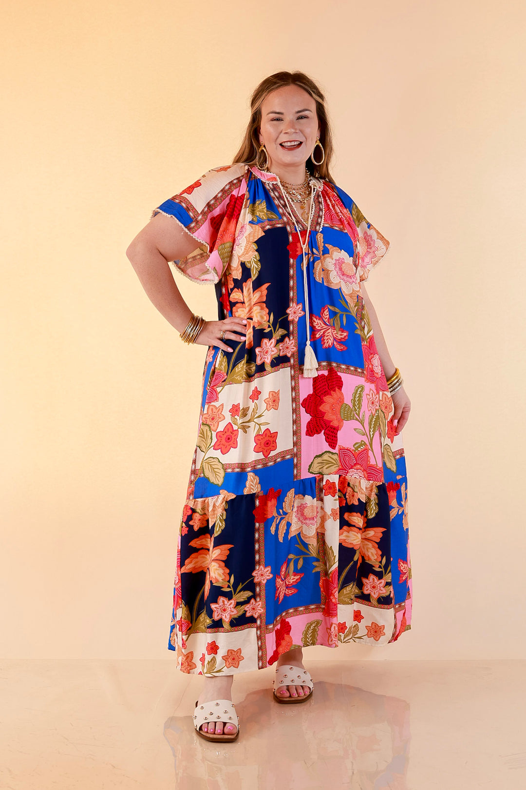 Patchwork Poise Floral Patchwork Print Midi Dress with Tassel Tie Neckline and Flutter Sleeves in Blue Mix