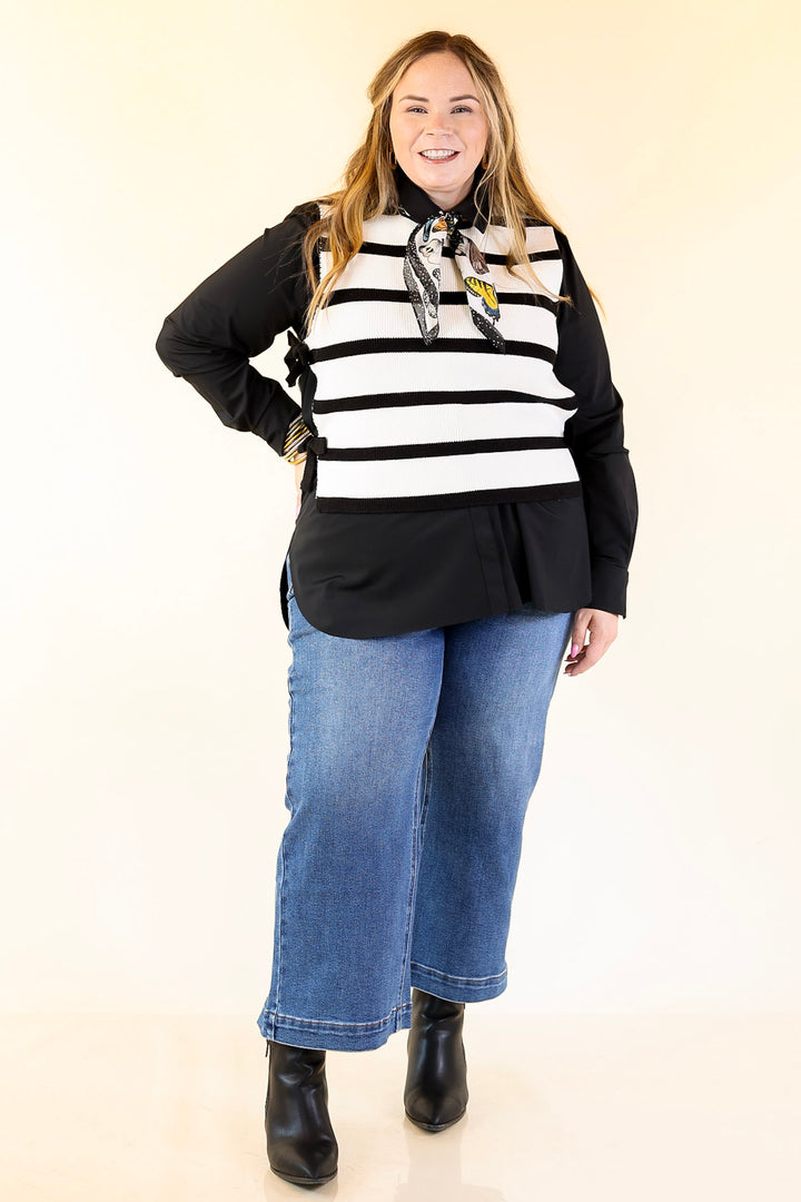 Tied Up in Style Knit Sweater with Side Ties in Off White with Black Stripes