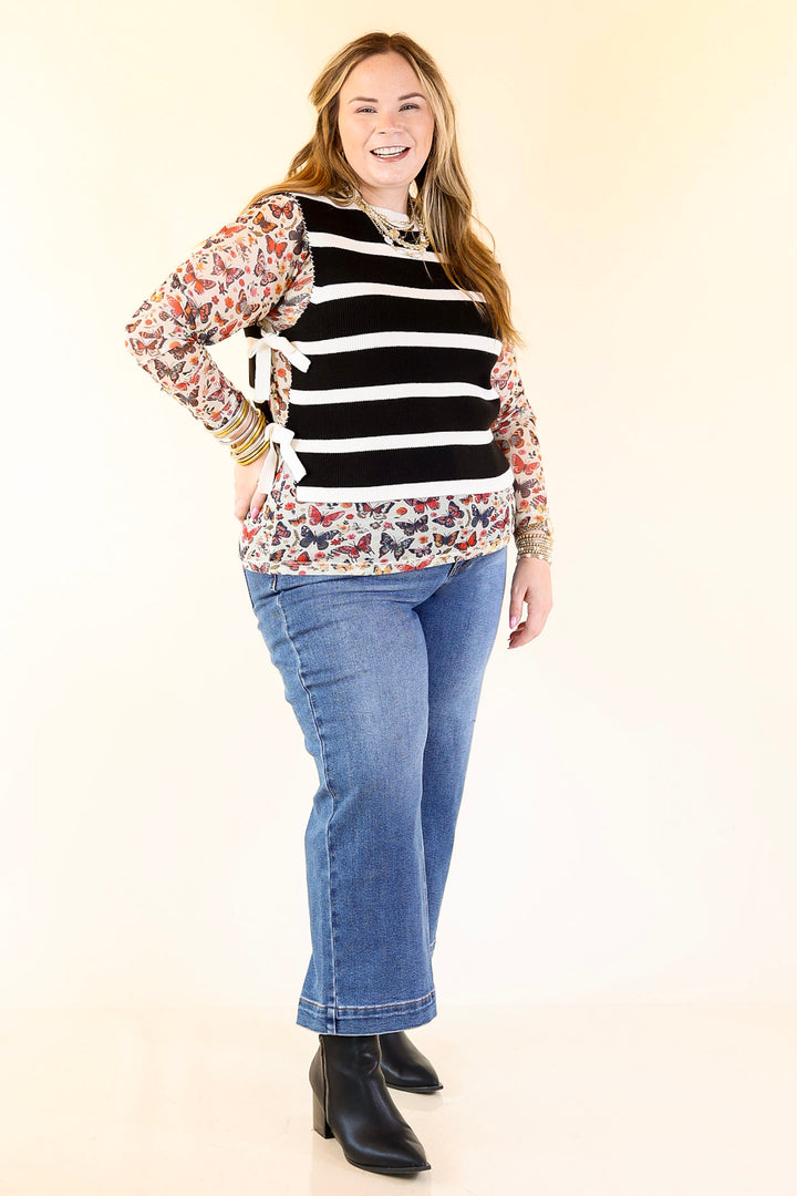 Tied Up in Style Knit Sweater with Side Ties in Black with Off White Stripes