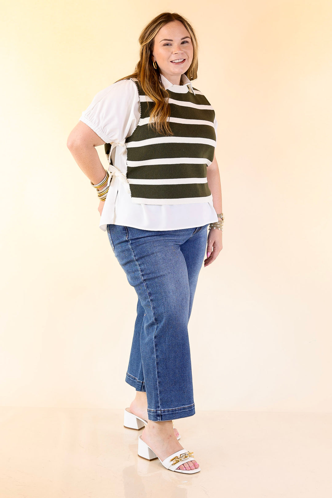 Tied Up in Style Knit Sweater with Side Ties in Olive Green with Off White Stripes