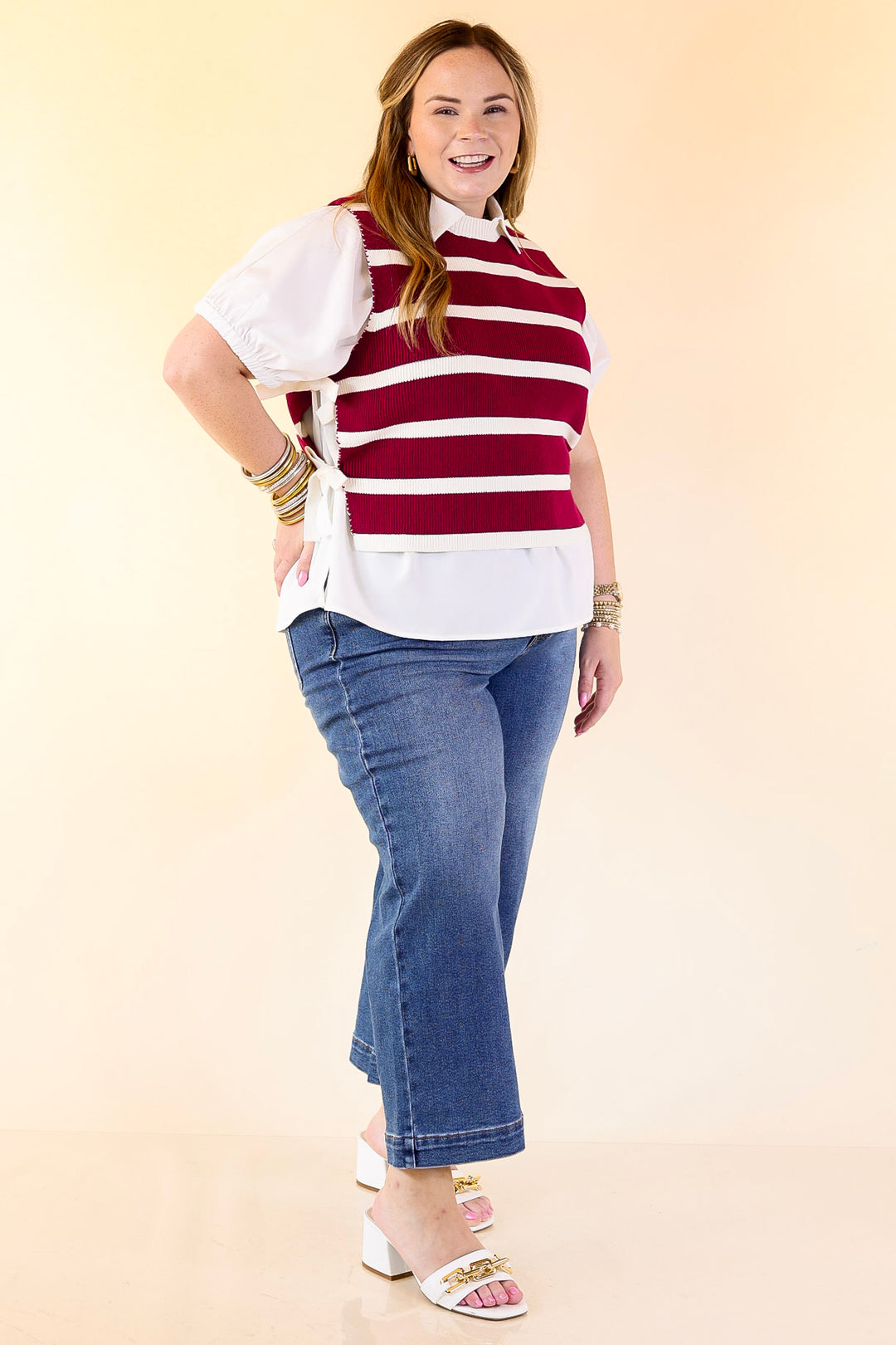 Tied Up in Style Knit Sweater with Side Ties in Maroon with Off White Stripes