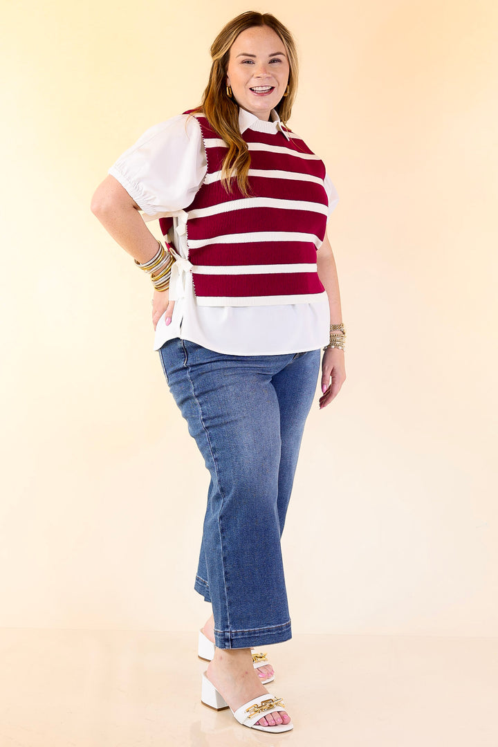 Tied Up in Style Knit Sweater with Side Ties in Maroon with Off White Stripes