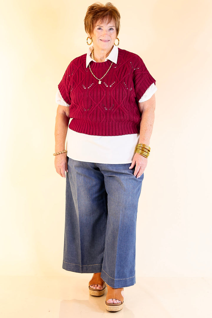 Knit to Last Cable Knit Short Sleeve Sweater Top in Maroon