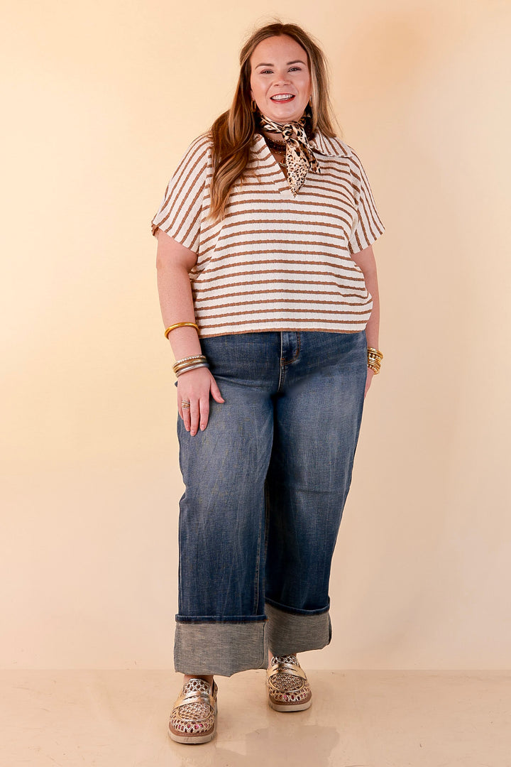 Simply Said Striped Drop Shoulder Collared Cropped Top in Ivory with Camel Brown Stripes