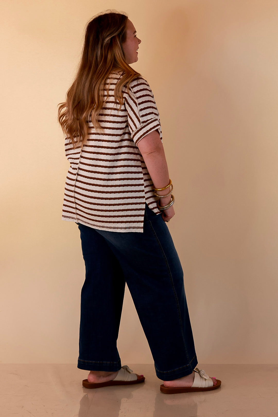 On The Daily Scoop Neck Short Sleeve Striped Textured Top in Chocolate Brown