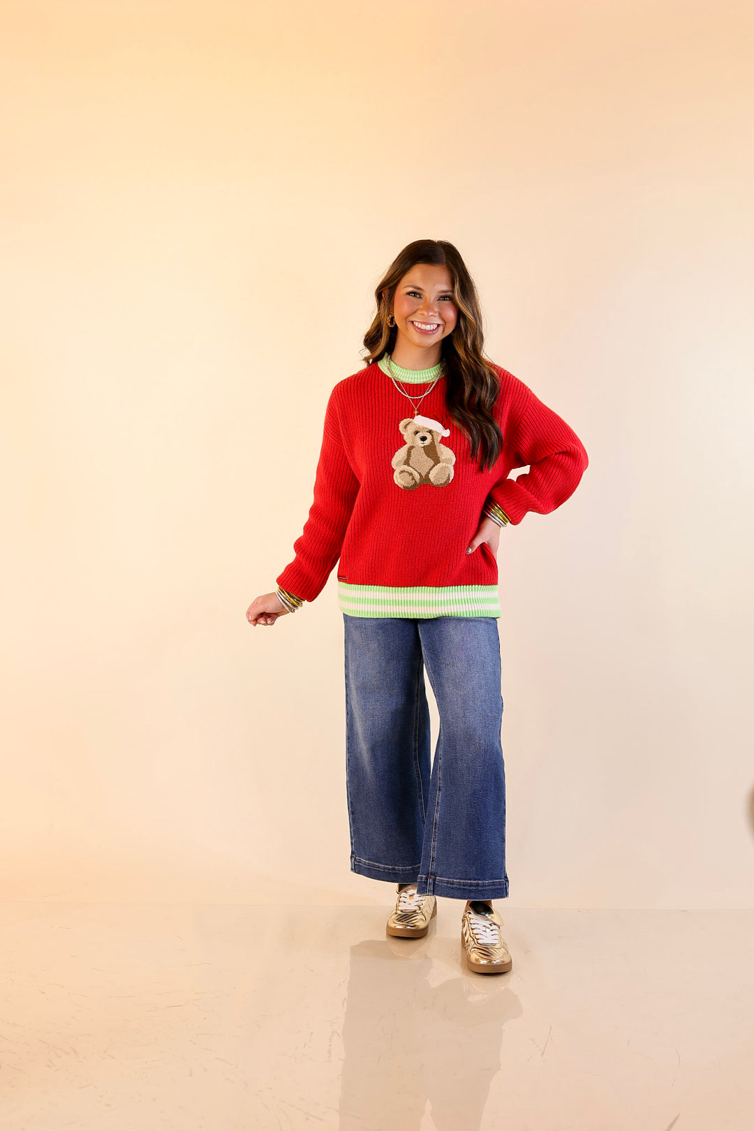 Simply Southern | Beary Merry Crewneck Sweater with Teddy Bear Graphic and Green Trim in Red