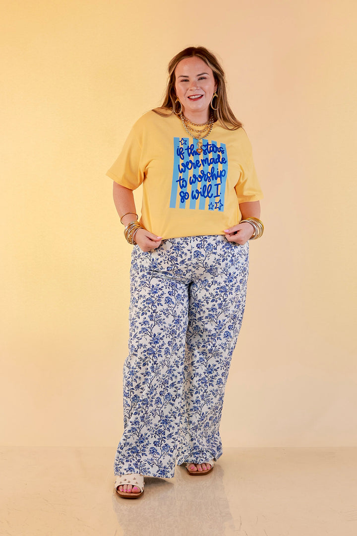 If The Stars Were Made to Worship So Will I Stripe Print Short Sleeve Graphic Tee in Butter Yellow