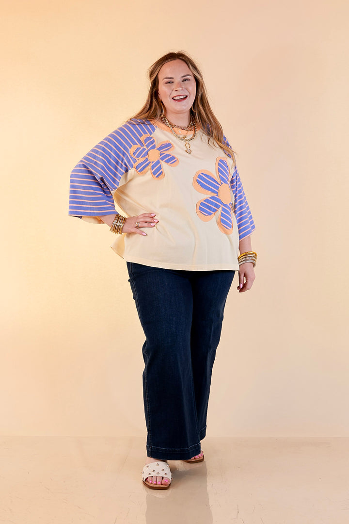 Bloom in Color Floral and Stripe Print Relaxed Short Sleeve Top with Contrast Sleeves in Cream