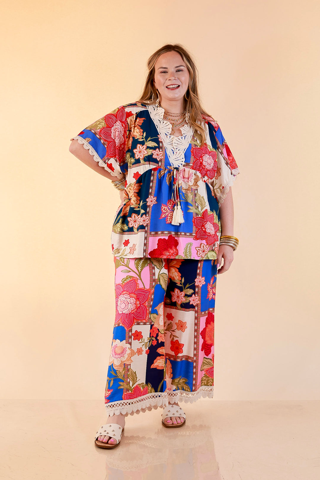 Patchwork Flair Floral Patchwork Print Wide Leg Pants with Lace Trim in Blue Mix