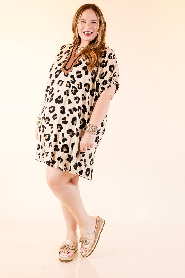 Naturally Stylish Leopard Print Poncho Dress in Cream, Black and Brown
