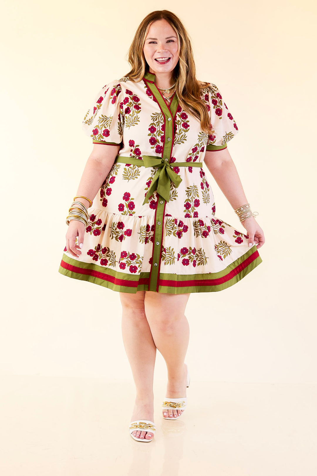 Garden Party Floral Dress with Dropped Skirt and Olive and Maroon Trim in Cream