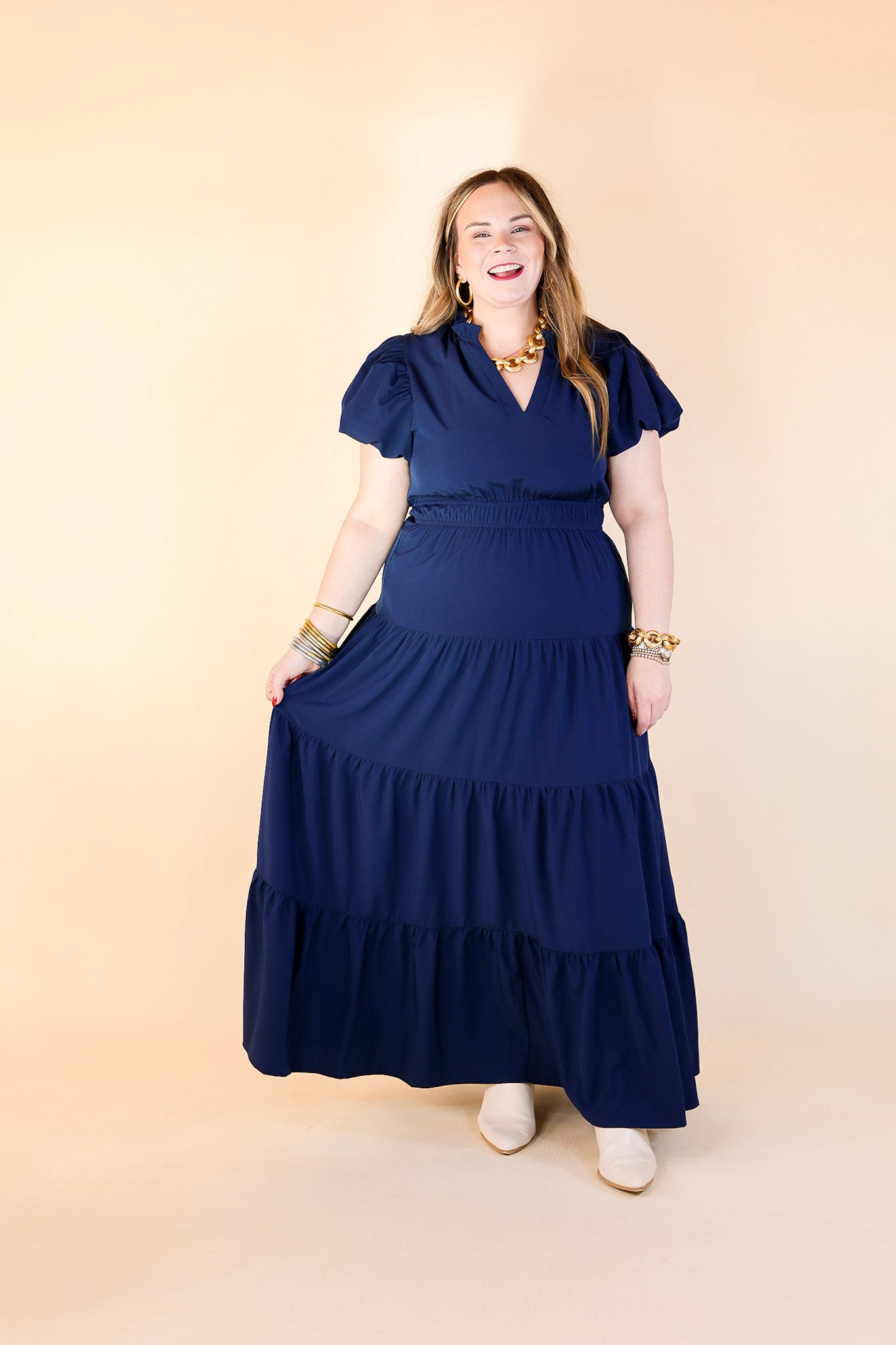 Table for Two Tiered Maxi Dress with Puff Sleeves in Navy Blue