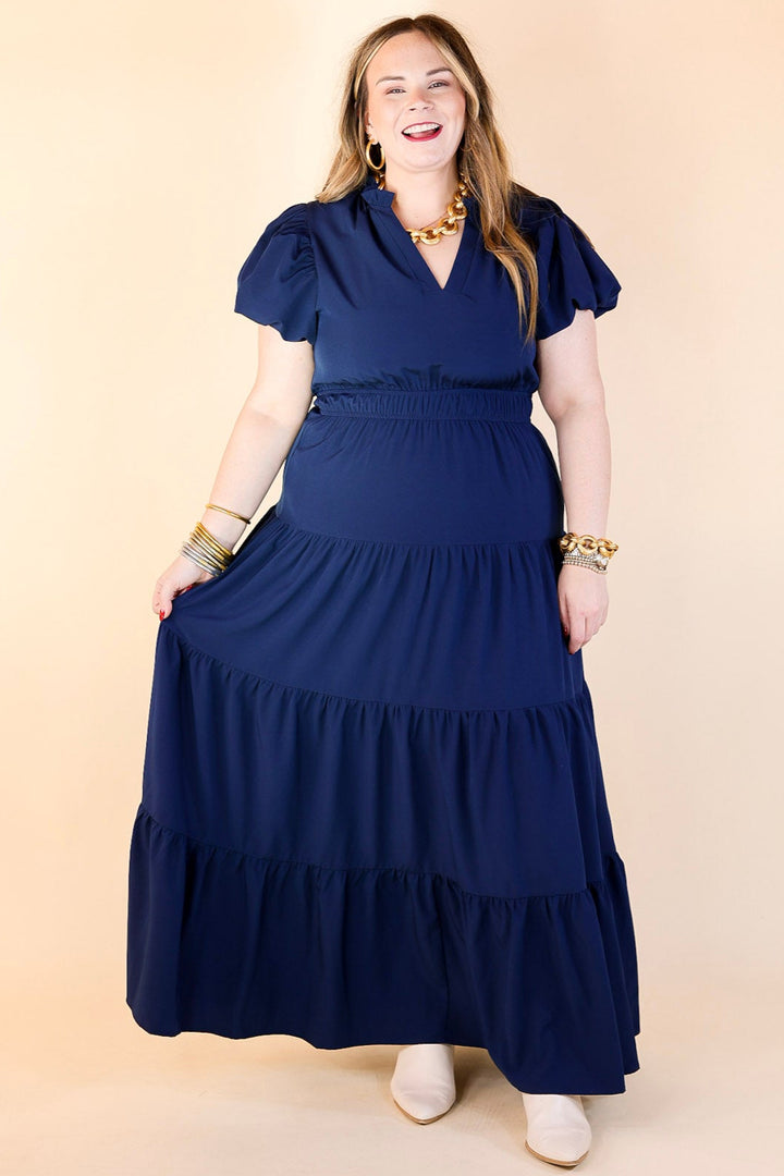 Table for Two Tiered Maxi Dress with Puff Sleeves in Navy Blue