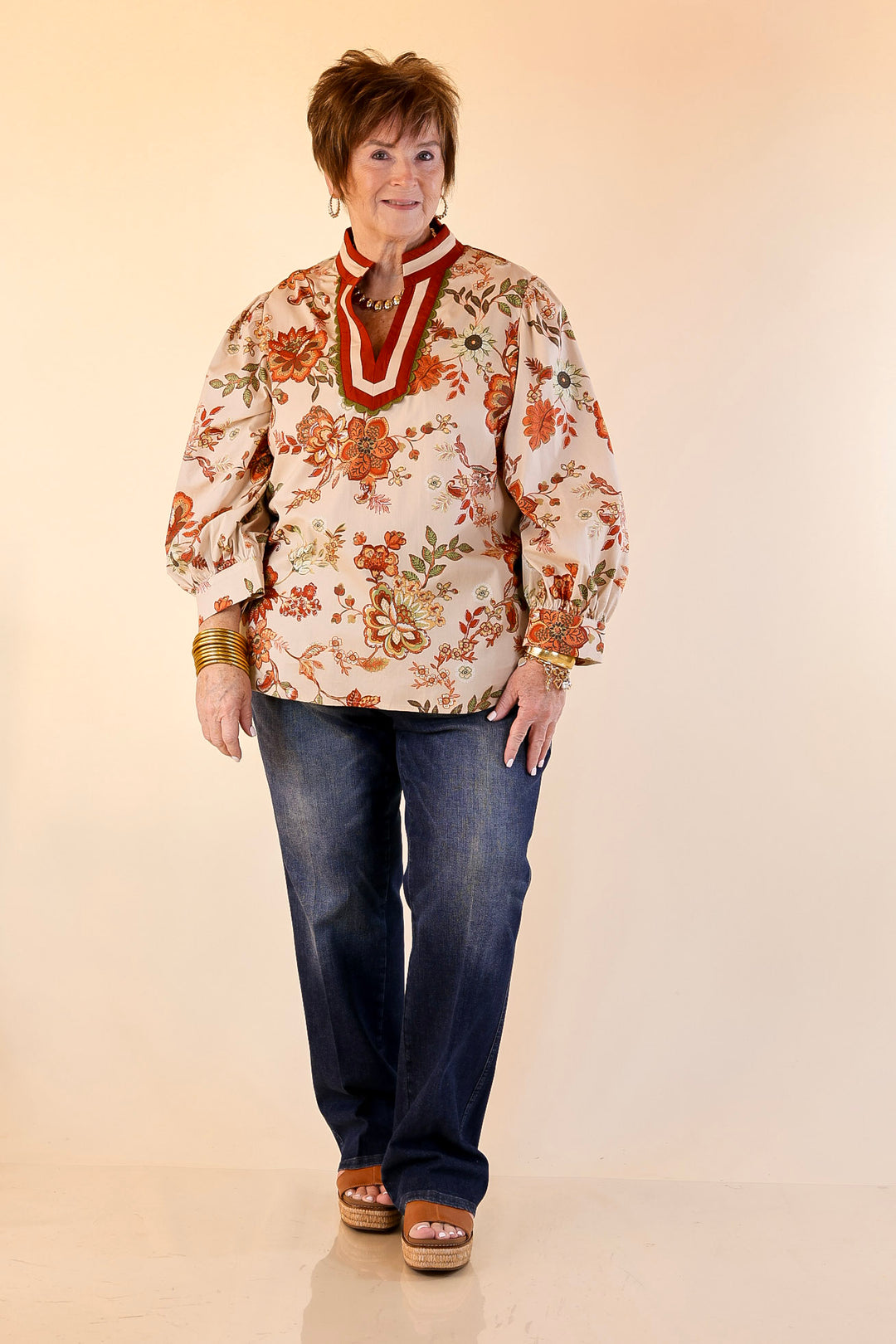 Autumn Allure Floral Long Sleeve Top with Contrast Trim in Rust Orange