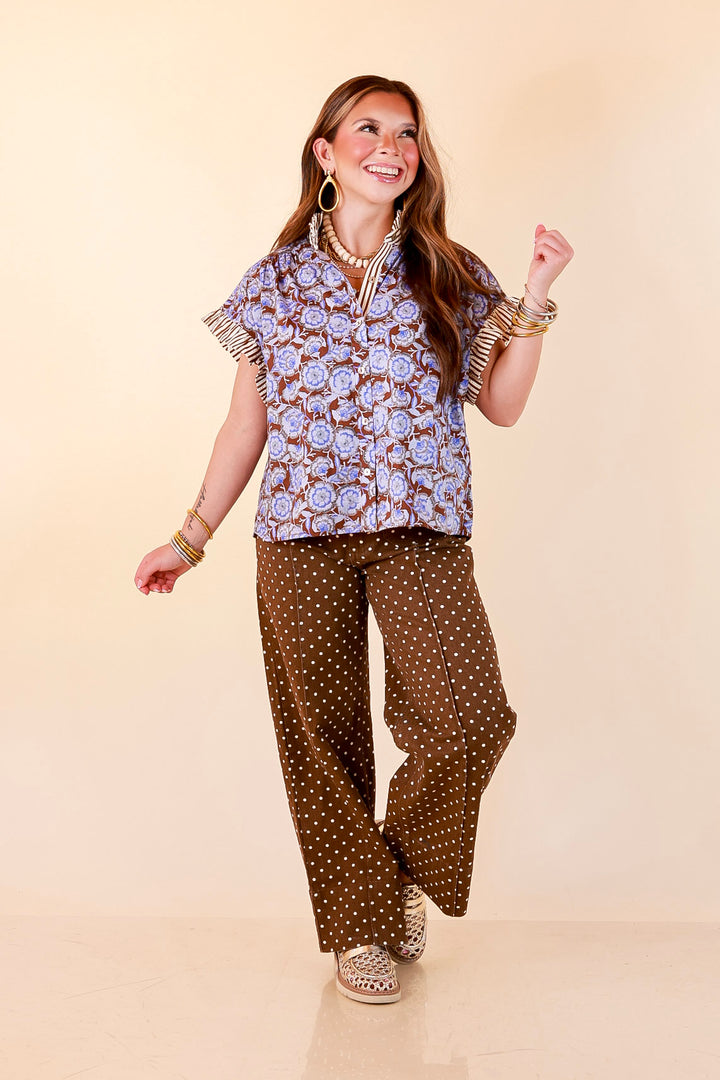 Effortless Grace Floral Print Flutter Stripe Sleeve and Ruffle Collar Detailing Blouse in Brown and Periwinkle Blue