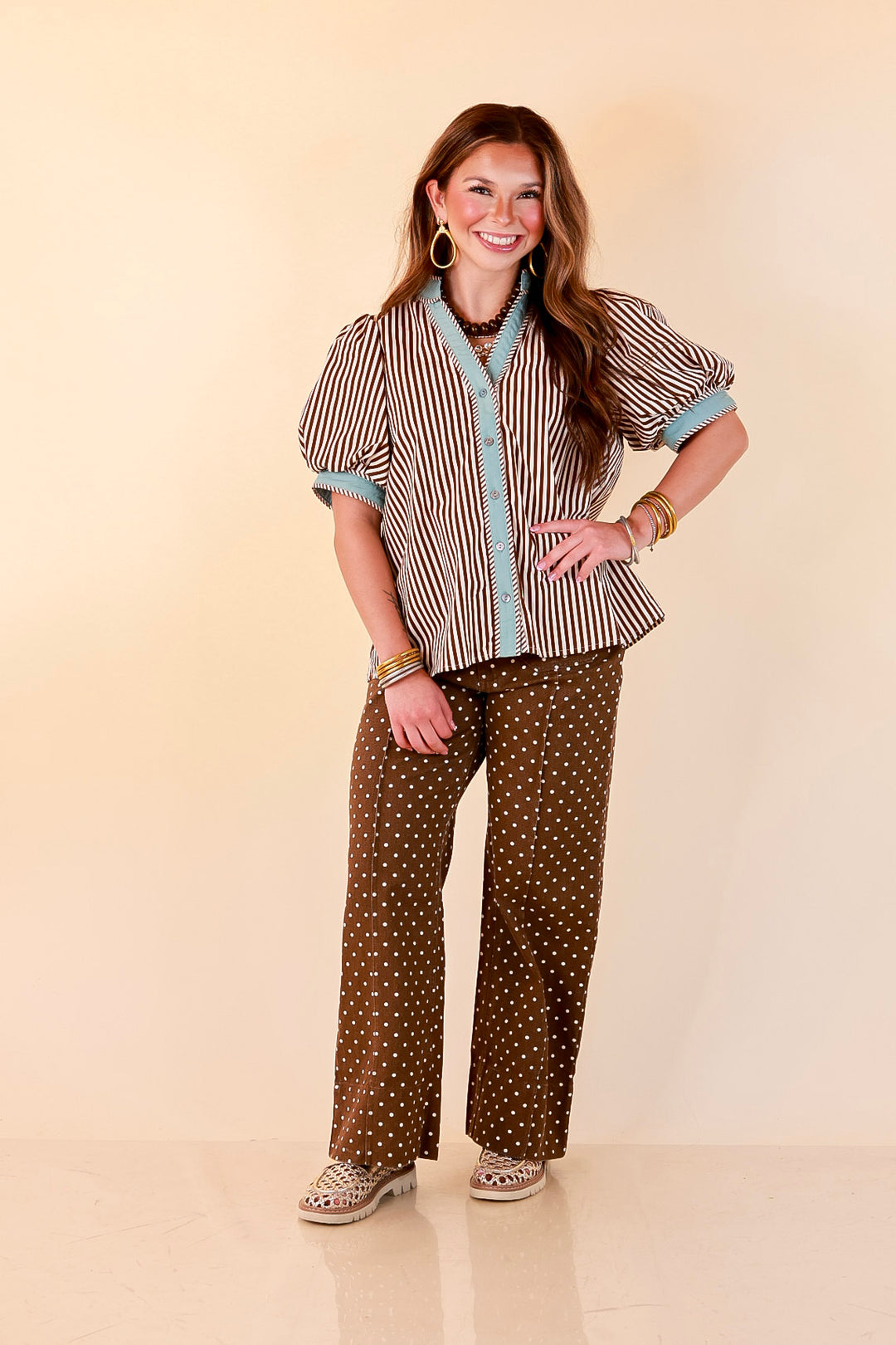 Pop of Polish Short Puff Sleeve Button Front Top with Contrast Trim in White, Chocolate Brown and Blue