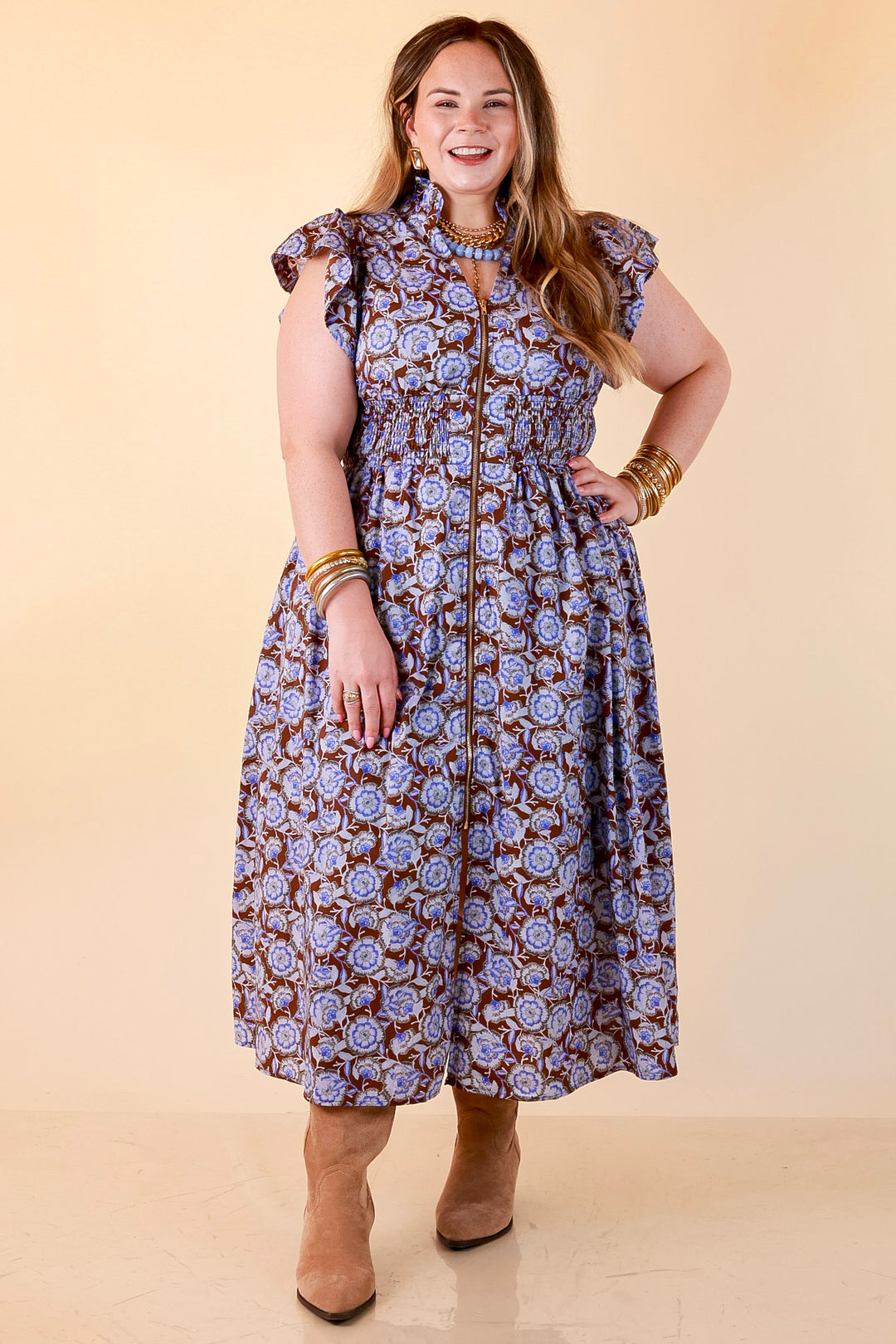 Modern Grace Zip Front Midi Floral Print Dress with Smocked Waist and Short Flutter Sleeves in Brown and Periwinkle Blue